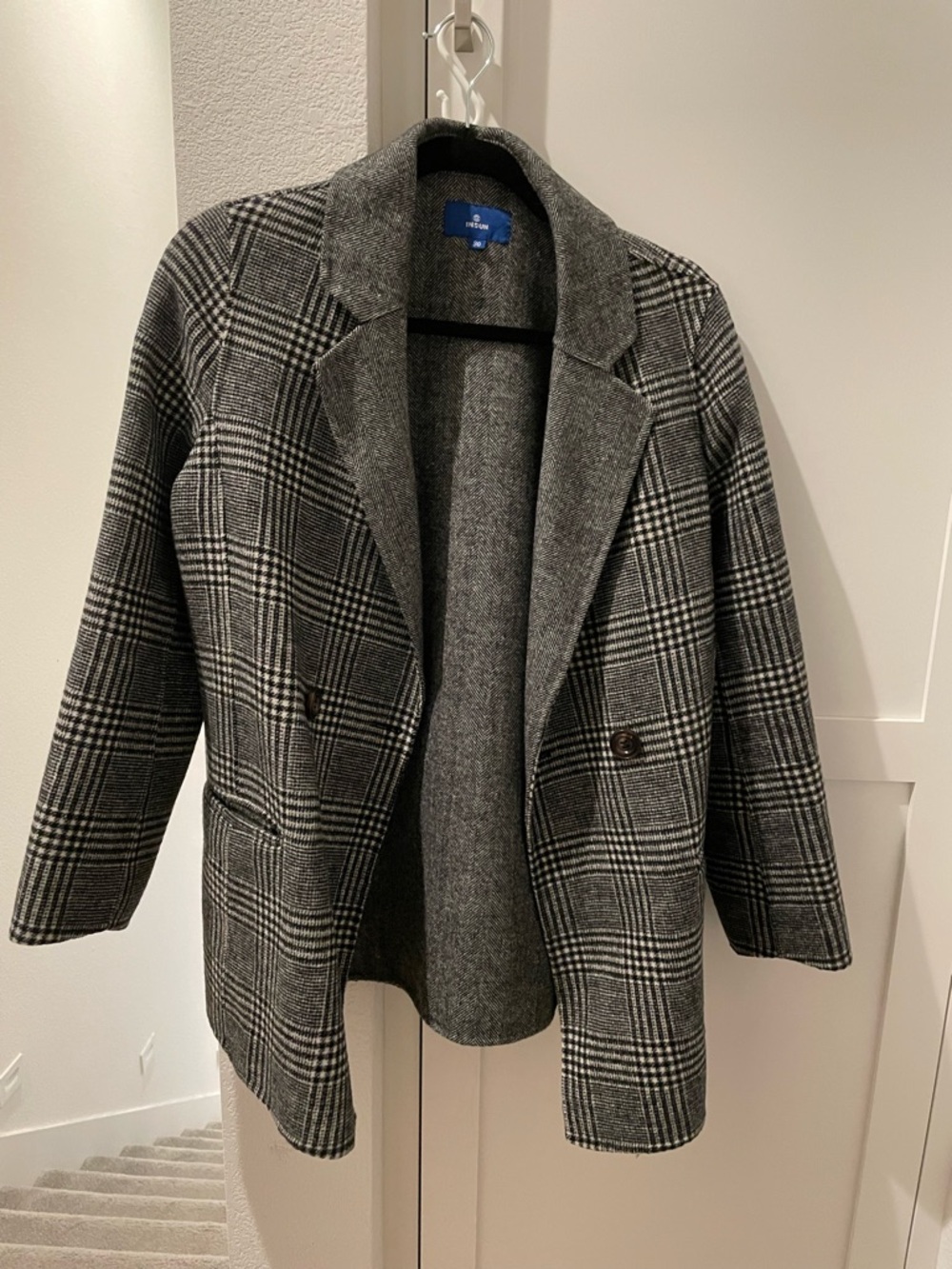 Gray Plaid Double-Breasted Blazer